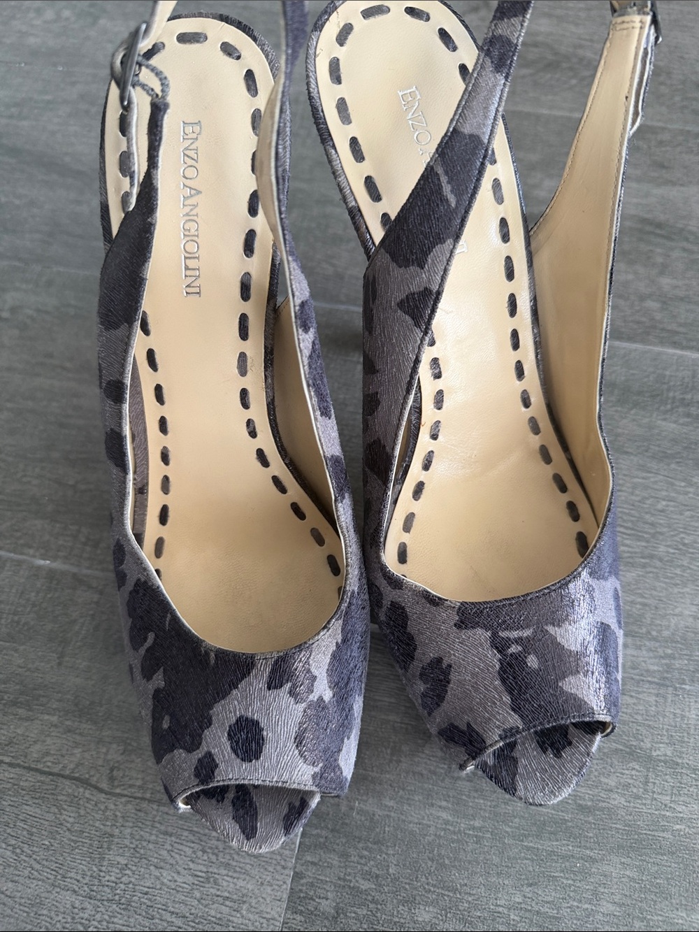 Enzo Angiolini Gray Leopard Peep-Toe Slingback Heels